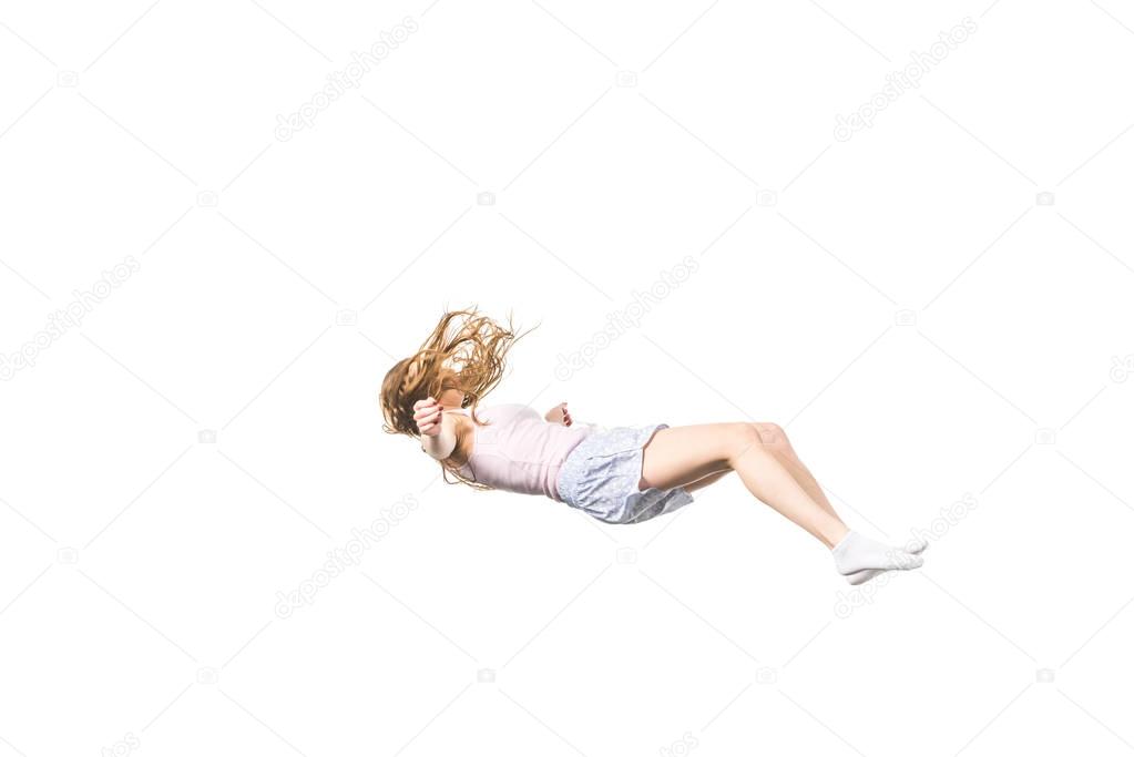 full length view of young woman falling isolated on white 