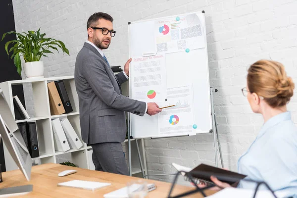 Hombre Negocios Haciendo Presentación Con Pizarra Para Colega Oficina — Foto de Stock