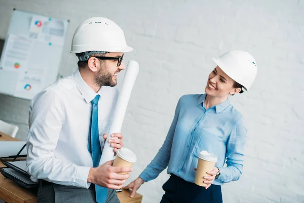 Architects Paper Cups Coffee Talking Office — Stock Photo, Image