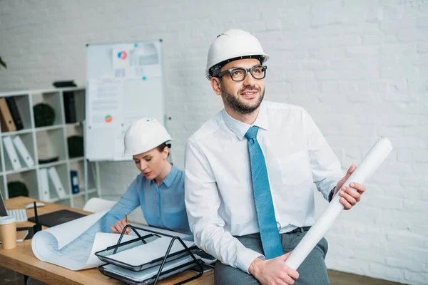 Handsome Male Architect Sitting Modern Office While His Colleague Working — Stock Photo, Image