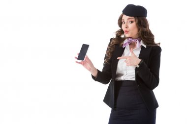 çekici hostes smartphone üzerinde beyaz izole işaret