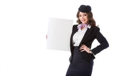 holding boş yönetim kurulu ve üzerinde beyaz izole kamera bakıyor güzel hostes