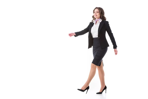 Attractive Stewardess Walking Isolated White — Stock Photo, Image