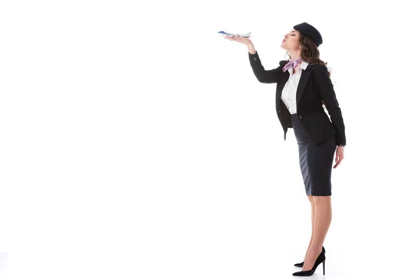 Side View Attractive Stewardess Blowing Plane Toy Isolated White — Stock Photo, Image