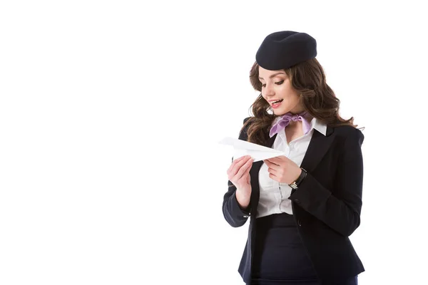 Attractive Stewardess Looking Paper Plane Isolated White — Stock Photo, Image