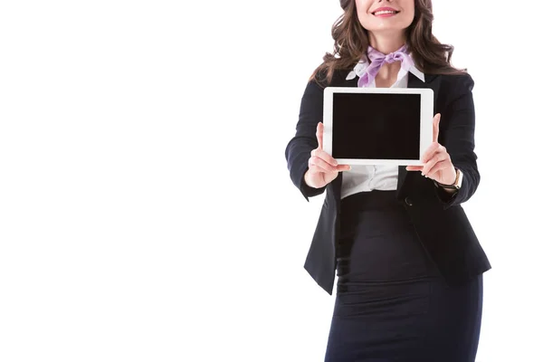 Immagine Ritagliata Hostess Mostrando Tablet Con Schermo Bianco Isolato Bianco — Foto stock gratuita