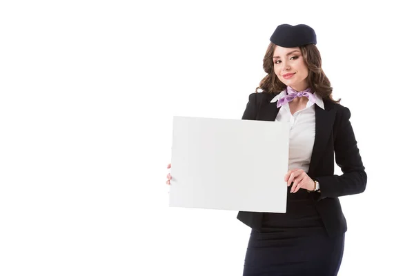 Beautiful Stewardess Holding Empty Board Looking Camera Isolated White — Stock Photo, Image