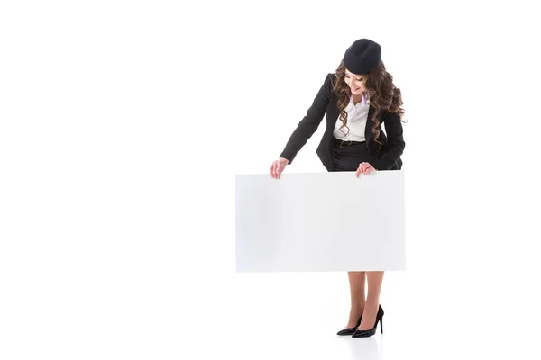 Beautiful Stewardess Looking Empty Board Isolated White — Stock Photo, Image