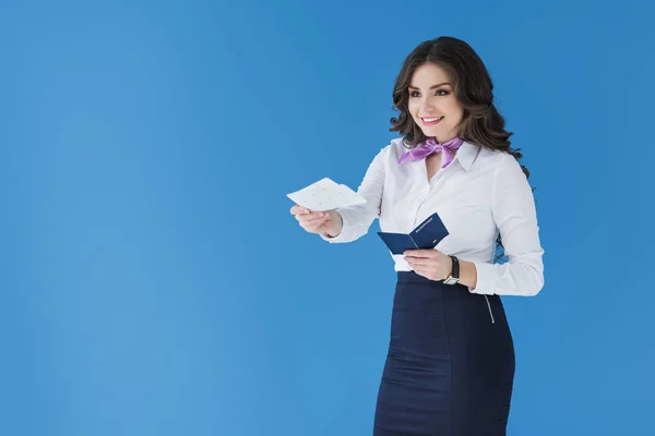 Attractive Stewardess Giving Tickets Isolated Blue — Stock Photo, Image