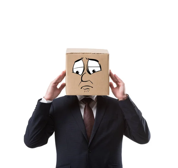 Επιχειρηματίας Κουτί Από Χαρτόνι Στο Κεφάλι Έχοντας Πονοκέφαλος Που Απομονώνονται — Φωτογραφία Αρχείου