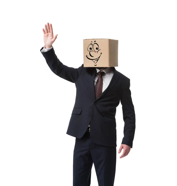 Businessman Cardboard Box Head Happy Face Waving Hand Isolated White — Free Stock Photo