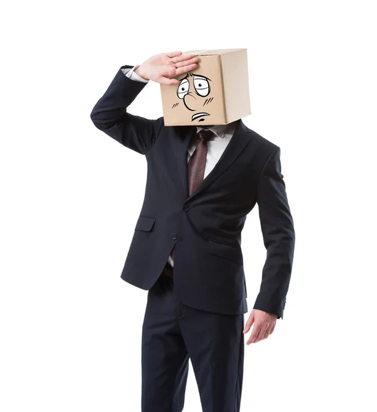 Homem Negócios Cansado Com Caixa Papelão Cabeça Isolado Branco — Fotografia de Stock