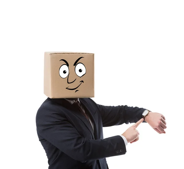 Businessman Cardboard Box Head Pointing Wristwatch Isolated White — Free Stock Photo