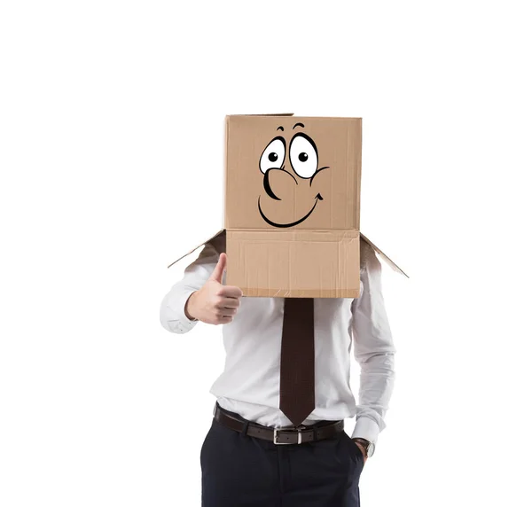 Businessman Cardboard Box His Head Showing Thumb Isolated White — Stock Photo, Image