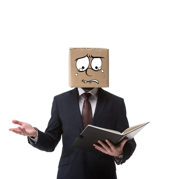 Stressed Businessman Cardboard Box Head Holding Documents Folder Isolated White — Stock Photo, Image