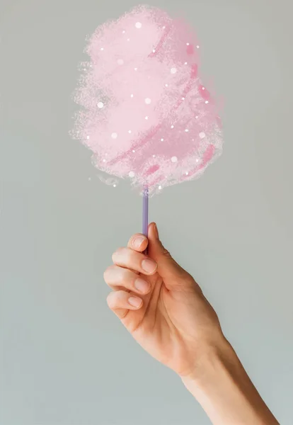 Cropped Image Woman Holding Cotton Candy Her Hand Isolated Gray — Stock Photo, Image