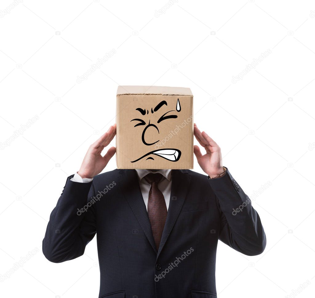 businessman with cardboard box on head having headache isolated on white 