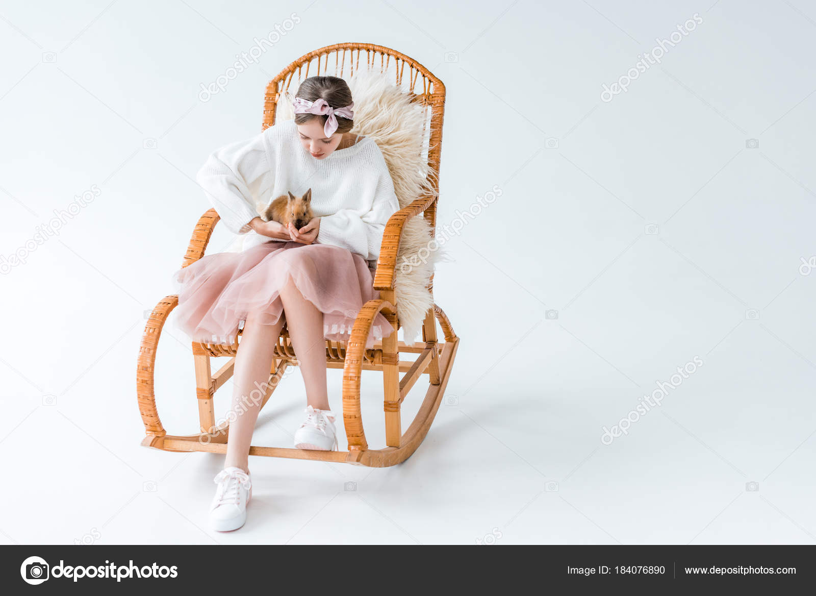 Adorable Girl Holding Furry Rabbit While Sitting Rocking Chair Adorable Girl Holding Furry Rabbit While Sitting On Rocking Chair Isolated White Photo By Vitalikradko