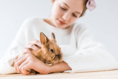 close-up view of smiling girl holding adorable furry rabbit on white  clipart