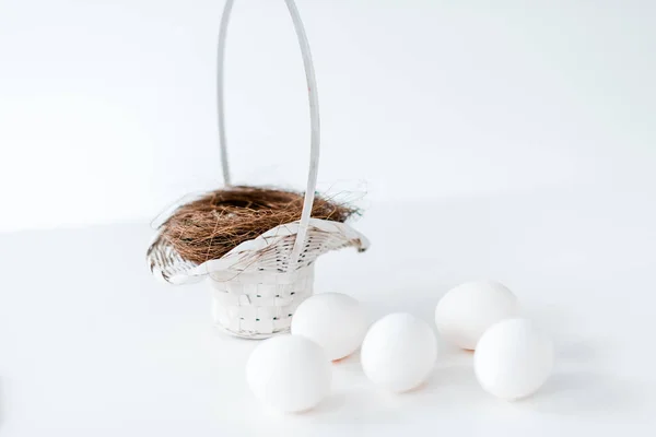 Close View White Chicken Eggs Nest Wicker Basket White — Free Stock Photo