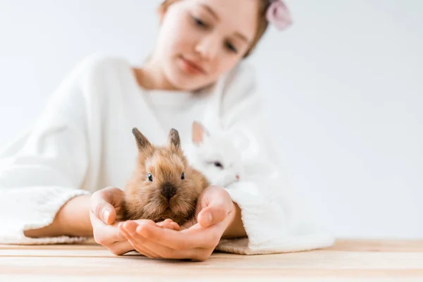 Nahaufnahme Von Mädchen Mit Niedlichen Pelzigen Kaninchen Auf Weiß — Stockfoto