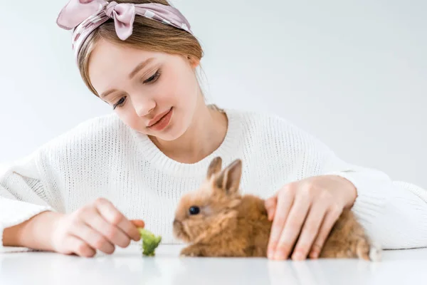 Beautiful Smiling Girl Feeding Rabbit Broccoli White — Stock Photo, Image