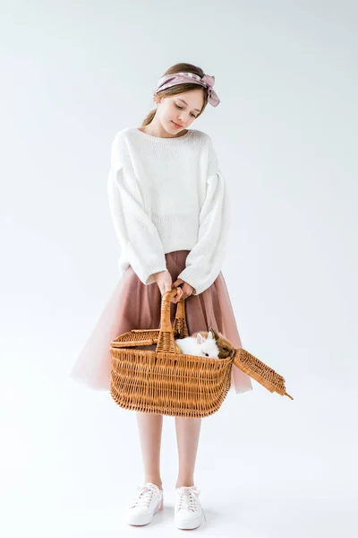 Adorable Teenage Girl Holding Wicker Basket Furry Bunnies Isolated White — Stock Photo, Image