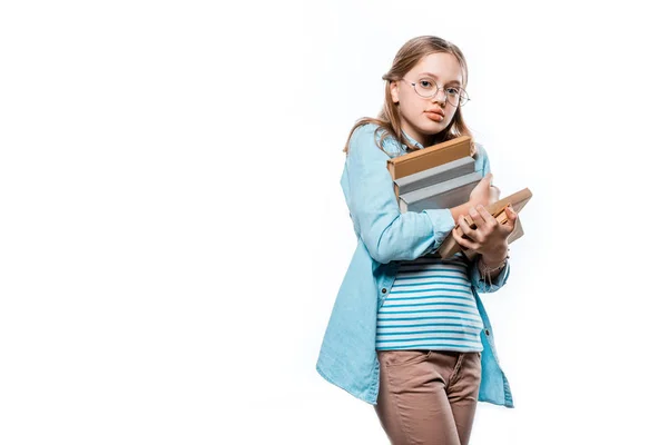 Linda Adolescente Gafas Con Pila Libros Mirando Cámara Aislada Blanco — Foto de stock gratuita