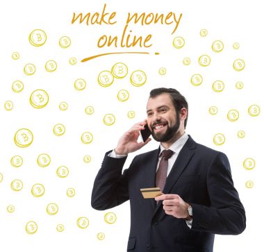 işadamı smartphone, bitcoin sembolleri ve yazıt üzerinde konuşurken kredi kartıyla yapmak para online beyaz izole