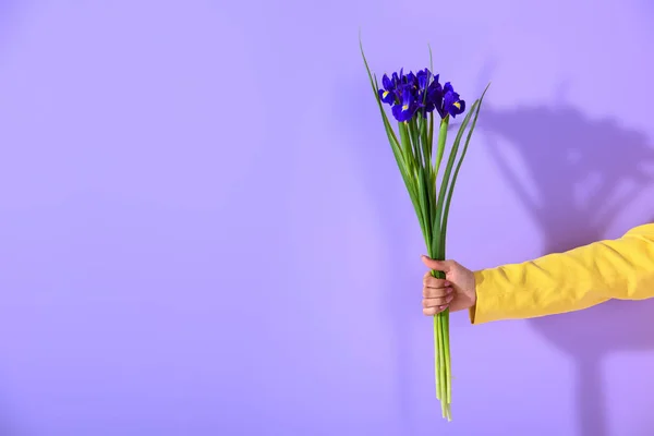 Обрезанный Вид Женской Руки Ирисами Модном Ультрафиолетовом Фоне — стоковое фото