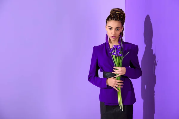 Fashionable African American Girl Posing Purple Jacket Irises Ultra Violet — Stock Photo, Image