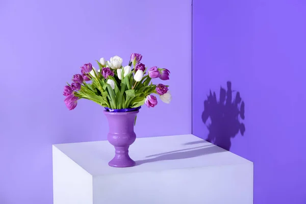 White Purple Tulip Flowers Vase Cube Ultra Violet Trend — Stock Photo, Image