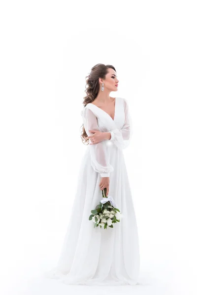 Novia Elegante Posando Vestido Blanco Con Ramo Boda Aislado Blanco — Foto de Stock