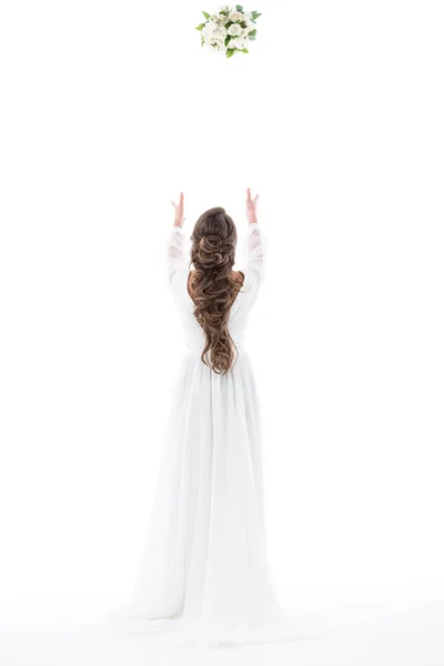 Back View Bride White Dress Throwing Wedding Bouquet Isolated White — Stock Photo, Image