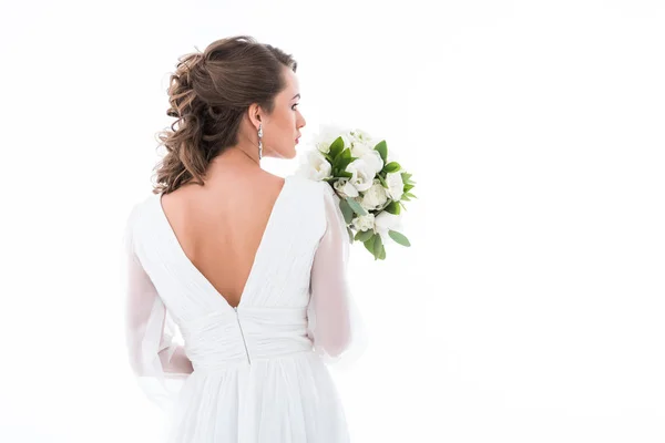 Πίσω Όψη Της Νύφης Λευκό Φόρεμα Εκμετάλλευση Γαμήλια Ανθοδέσμη Απομονώνονται — Φωτογραφία Αρχείου
