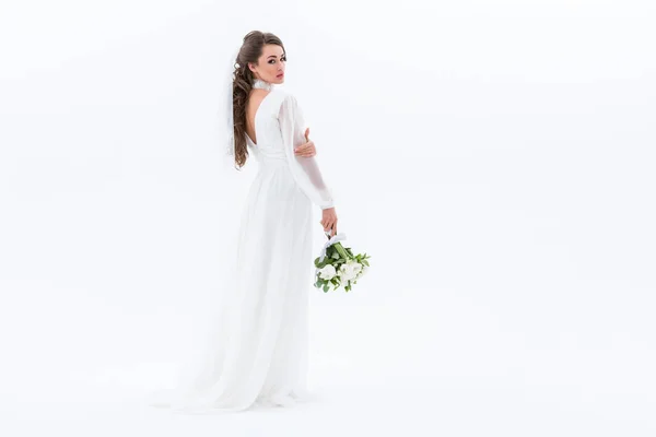 Sposa Abito Tradizionale Tenendo Bouquet Sposa Isolato Bianco — Foto Stock