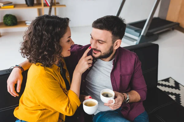 Woman Touching Nose Her Boyfriend While Holding Coffee Cups — Stock Photo, Image