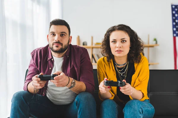 Front View Young Couple Holding Joysticks Hands — Stock Photo, Image