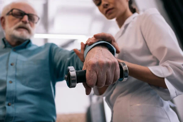 Close View Doctor Holding Senior Man Hand Dumbbell — Stock Photo, Image