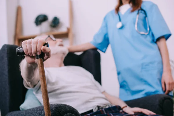 Close View Cane Hand Senior Man Talking Nurse — Stock Photo, Image