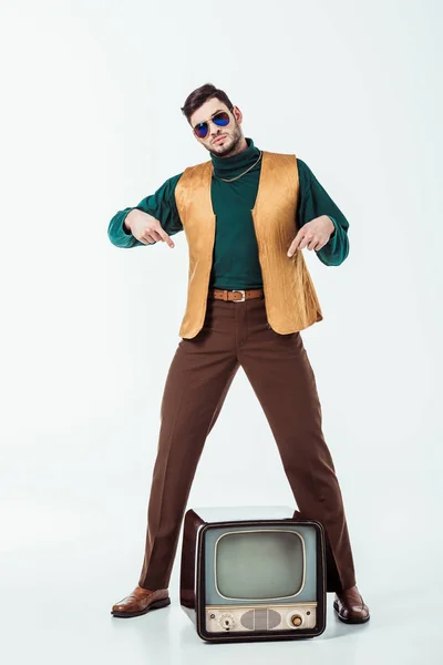 Handsome Retro Styled Man Pointing Television White — Stock Photo, Image