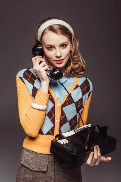 Attractive Retro Styled Girl Talking Vintage Stationary Telephone Isolated Grey — Stock Photo, Image