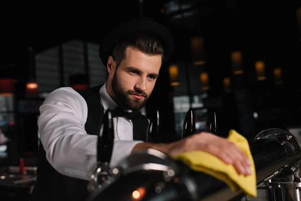 Handsome Bartender Cleaning Beer Taps Rag — Stock Photo, Image