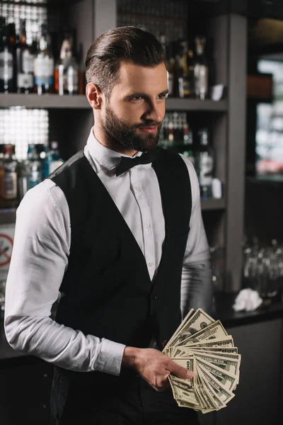 Happy Handsome Bartender Holding Tips Bar — Stock Photo, Image