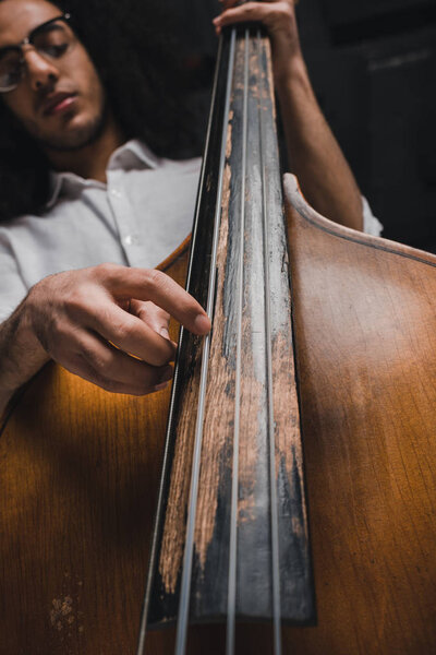 Bottom view of handsome young musician playing standup bass Stock Picture