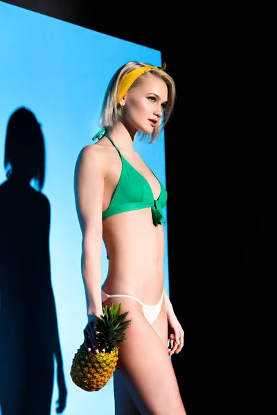 Stylish Attractive Girl Posing Swimsuit Pineapple Blue — Free Stock Photo