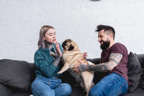 Tätowiertes Paar Spielt Hause Mit Mops Hund — Stockfoto