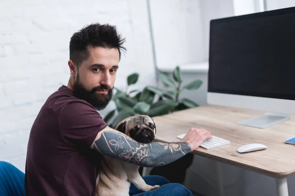 Tatuato Bello Uomo Tenendo Carlino Seduto Tavola Con Computer Casa — Foto Stock