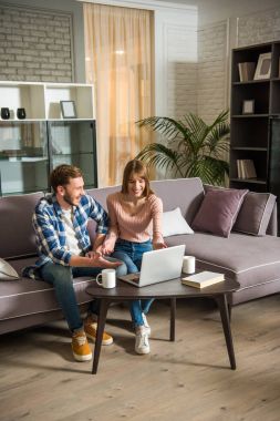 Front view of smiling couple on couch using laptop in cozy living room clipart