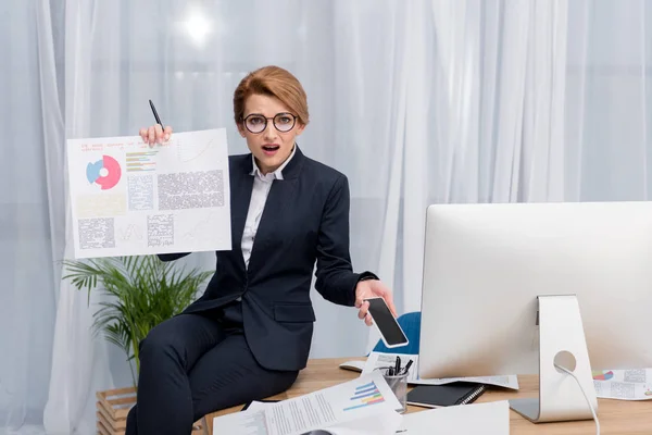 Verwirrte Geschäftsfrau Mit Dokument Und Smartphone Arbeitsplatz Büro — Stockfoto